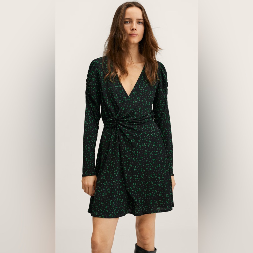 MANGO black and green printed wrap style dress SIZE 4 • BRAND NEW excellent
